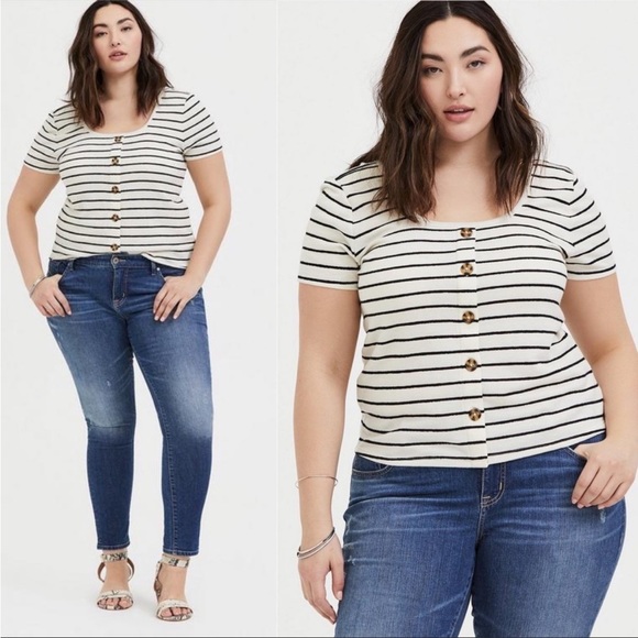 NWT Torrid Ivory & Black Stripe Rib Button Midi Tee Short Sleeve Preppy Size 2X - Picture 1 of 11